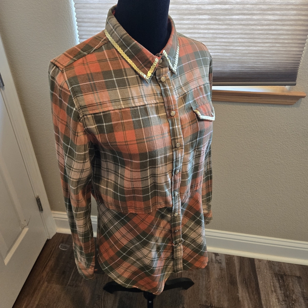 Tasha Polizzi Orange and Olive Green Plaid Button-Down Shirt